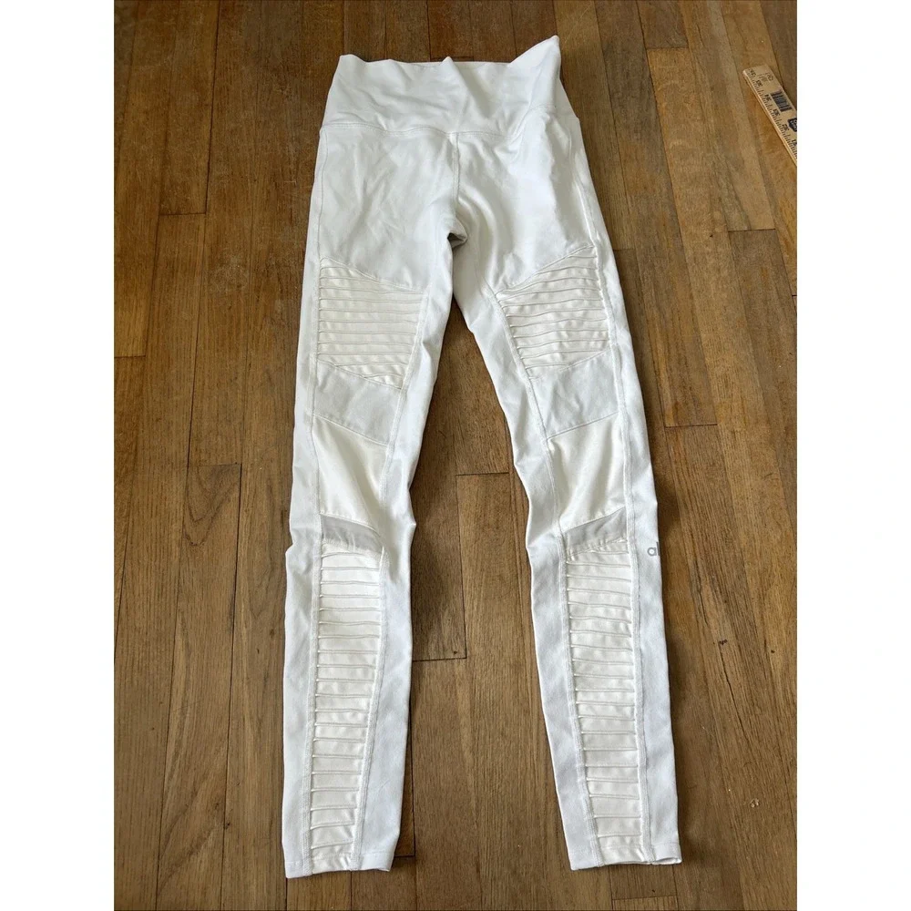 Alo Yoga Womens High Waist Moto Leggings Off White Mesh Ribbed Size M RN87370